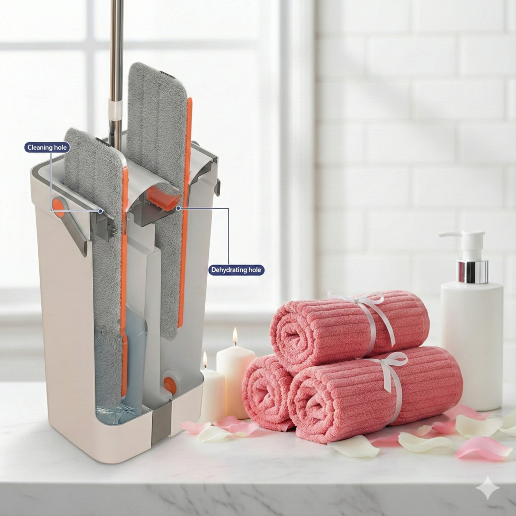 Combo Deal - Home Essentials Combo Set - Flat Mop & Bucket System with 6 Pads & Ultra-Soft 70x140cm & 75x35cm Coral Fleece Bath Towel Bundle for Efficient Cleaning and Personal Care Microfiber Hand Light