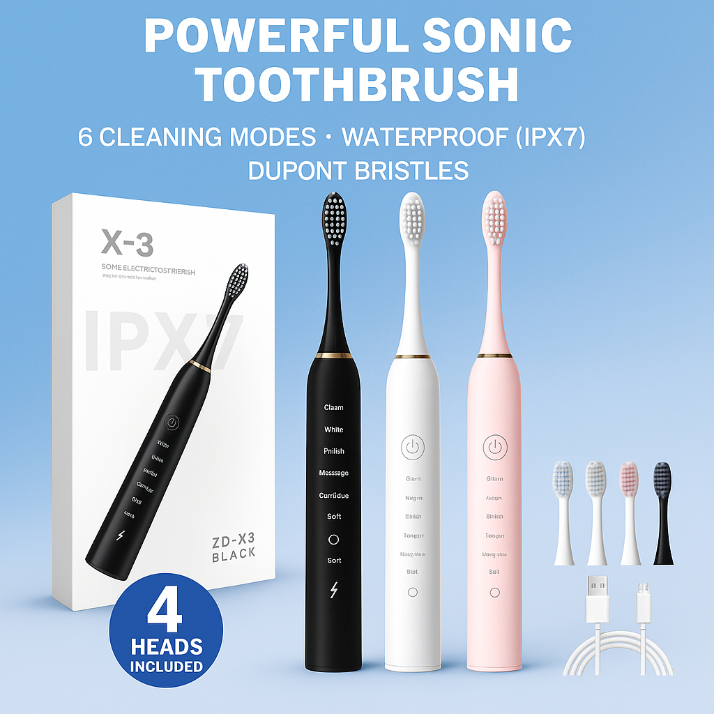 Sonic Electric Toothbrush Kit with 6 Cleaning Modes, 1 Rechargeable Deep Cleaning Toothbrush with 4 Brush Heads, Waterproof, 3.7V, USB Rechargeable for Oral Cleansing White