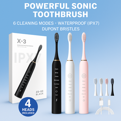Sonic Electric Toothbrush Kit with 6 Cleaning Modes, 1 Rechargeable Deep Cleaning Toothbrush with 4 Brush Heads, Waterproof, 3.7V, USB Rechargeable for Oral Cleansing White