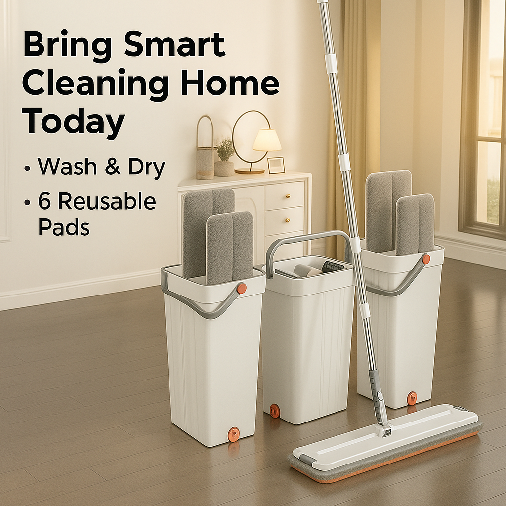 Self-Cleaning Flat Mop & Bucket System – Hands-Free Wash & Dry, Easy-Move Wheels, 6 Reusable Pads
