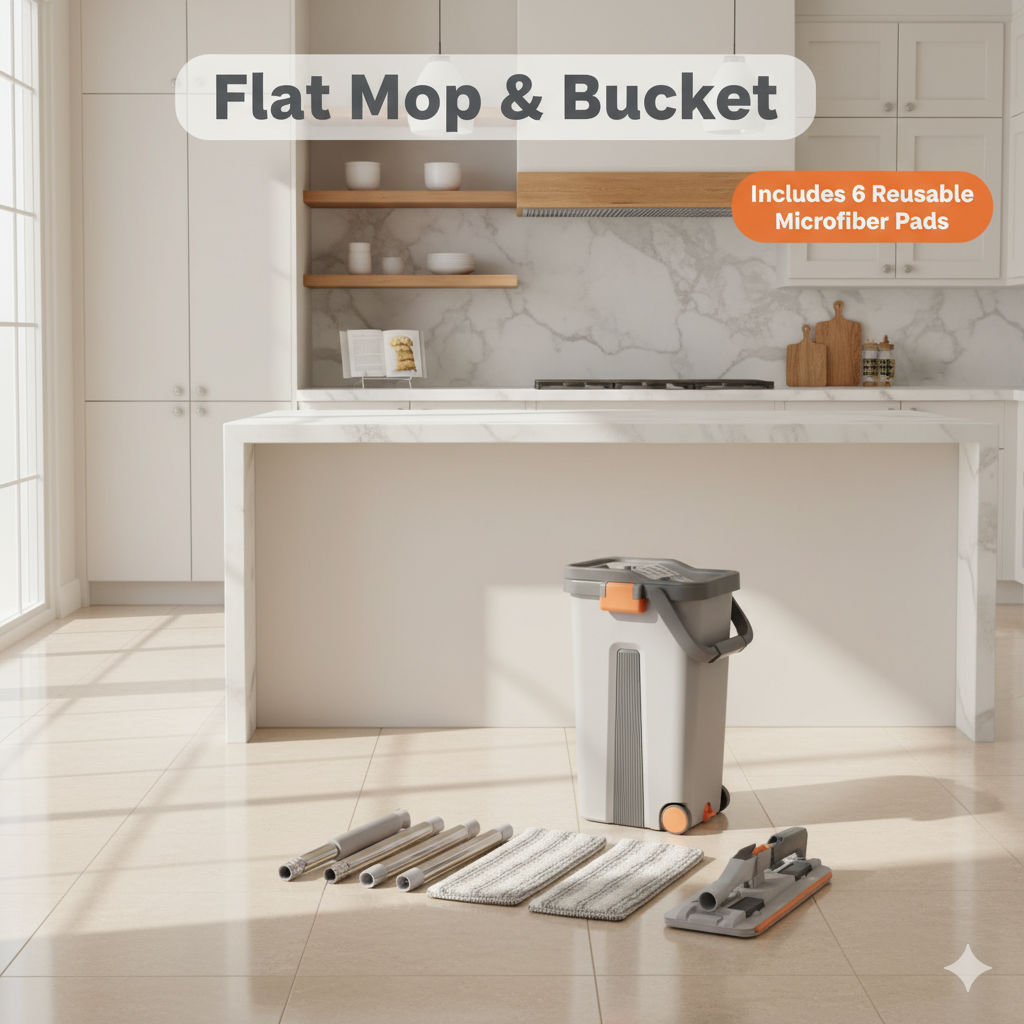 Self-Cleaning Flat Mop with Bucket – 15" Extra-Wide Head, Drain Plug, Easy-Move Wheels