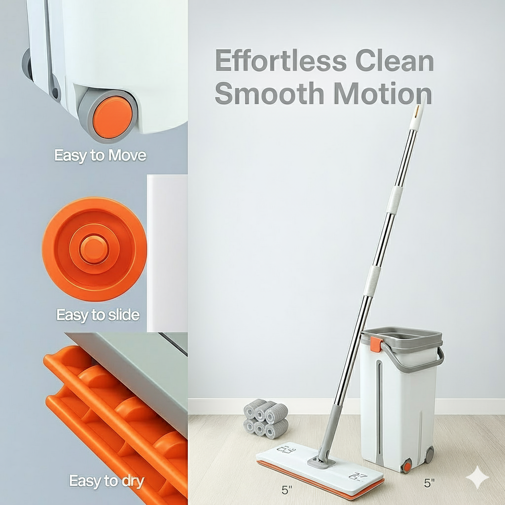 Self-Cleaning Flat Mop with Bucket – 15" Large Floor Mop, 6 Reusable Pads, Easy Move Wheels