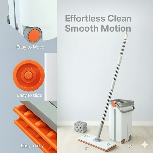 Self-Cleaning Flat Mop with Bucket – 15" Large Floor Mop, 6 Reusable Pads, Easy Move Wheels