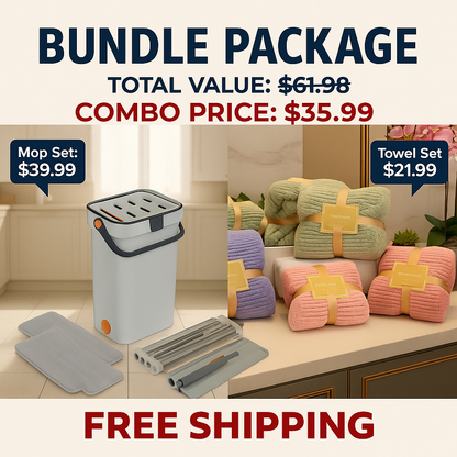 Combo Deal - Home Essentials Combo Set - Flat Mop & Bucket System with 6 Pads & Ultra-Soft 70x140cm & 75x35cm Coral Fleece Bath Towel Bundle for Efficient Cleaning and Personal Care  Microfiber Hand Light