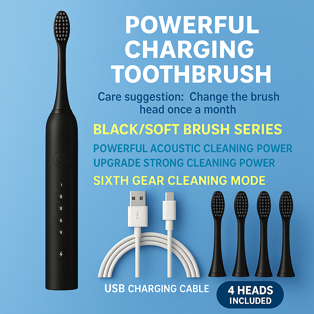 Sonic Electric Toothbrush Kit with 6 Cleaning Modes, 1 Rechargeable Deep Cleaning Toothbrush with 4 Brush Heads, Waterproof, 3.7V, USB Rechargeable for Oral Cleansing White