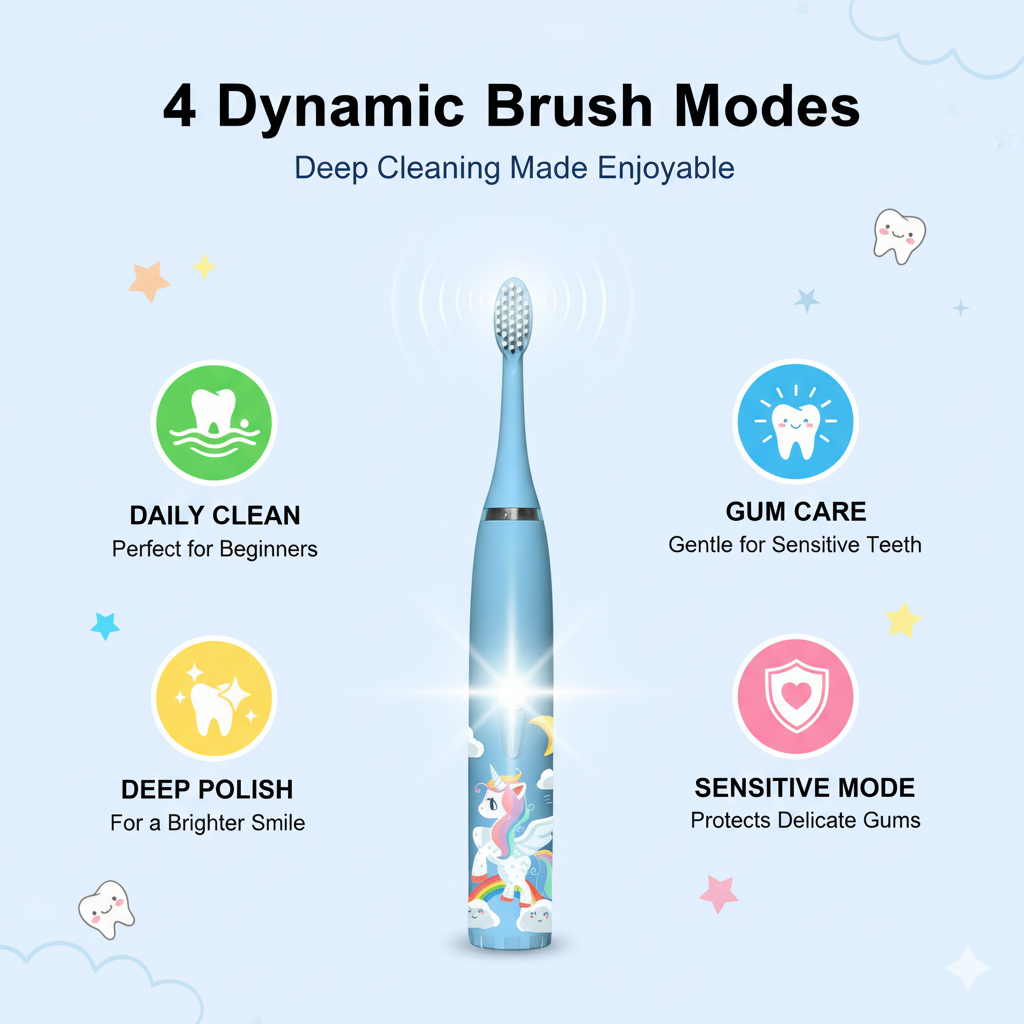 Kids Sonic Electric Toothbrush – Ages 2–15 | 4 Cleaning Modes | IPX7 Waterproof | Fun Cartoon Design