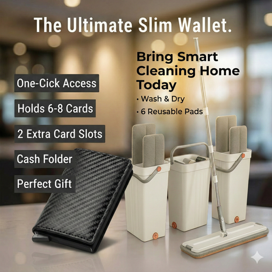 🌟 Home & Style Combo: Flat Floor Mop Bucket Set + Slim RFID Blocking Wallet