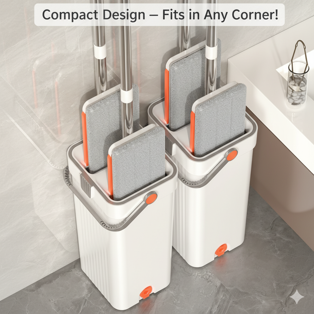 Self-Cleaning Flat Mop & Bucket System – Hands-Free Wash & Dry, Easy-Move Wheels, 6 Reusable Pads