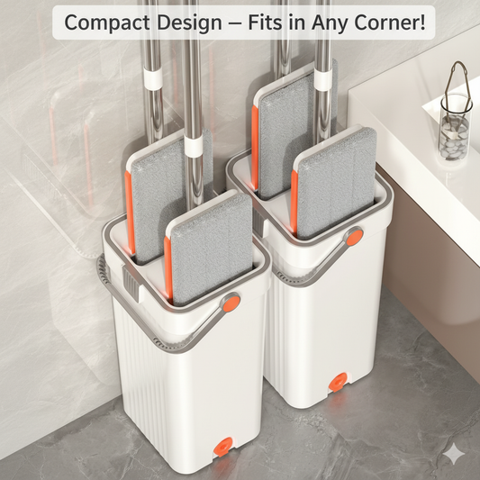 Self-Cleaning Flat Mop & Bucket System – Hands-Free Wash & Dry, Easy-Move Wheels, 6 Reusable Pads