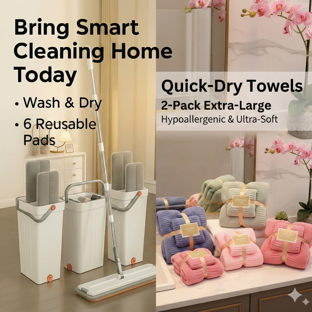 Combo Deal - Home Essentials Combo Set - Flat Mop & Bucket System with 6 Pads & Ultra-Soft 70x140cm & 75x35cm Coral Fleece Bath Towel Bundle for Efficient Cleaning and Personal Care  Microfiber Hand Light