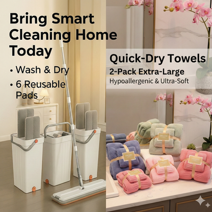 Combo Deal - Home Essentials Combo Set - Flat Mop & Bucket System with 6 Pads & Ultra-Soft 70x140cm & 75x35cm Coral Fleece Bath Towel Bundle for Efficient Cleaning and Personal Care  Microfiber Hand Light