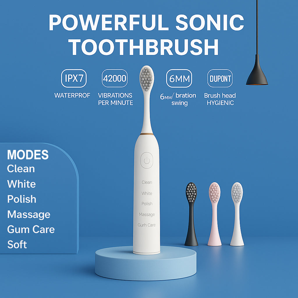 Sonic Electric Toothbrush Kit with 6 Cleaning Modes, 1 Rechargeable Deep Cleaning Toothbrush with 4 Brush Heads, Waterproof, 3.7V, USB Rechargeable for Oral Cleansing White