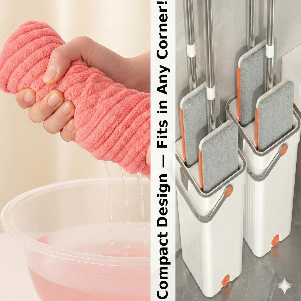 Combo Deal - Home Essentials Combo Set - Flat Mop & Bucket System with 6 Pads & Ultra-Soft 70x140cm & 75x35cm Coral Fleece Bath Towel Bundle for Efficient Cleaning and Personal Care  Microfiber Hand Light