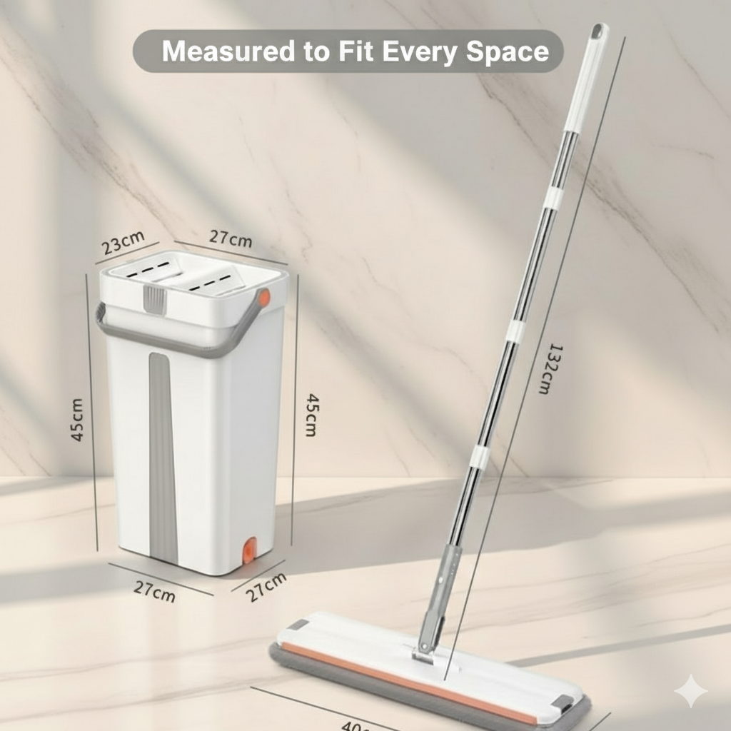 Self-Cleaning Flat Mop & Bucket System – Hands-Free Wash & Dry, Easy-Move Wheels, 6 Reusable Pads