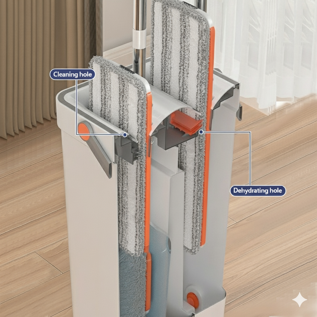 Self-Cleaning Flat Mop with Bucket – 15" Large Floor Mop, 6 Reusable Pads, Easy Move Wheels