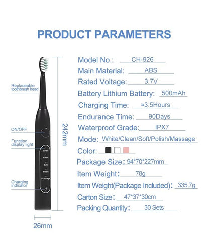 Rechargeable Sonic Electric Toothbrush for Adults – 8 Replacement Heads & 5 Modes