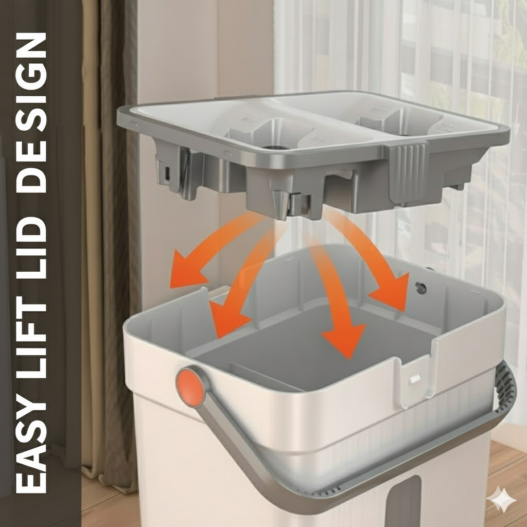 Self-Cleaning Flat Mop & Bucket System – Hands-Free Wash & Dry, Easy-Move Wheels, 6 Reusable Pads