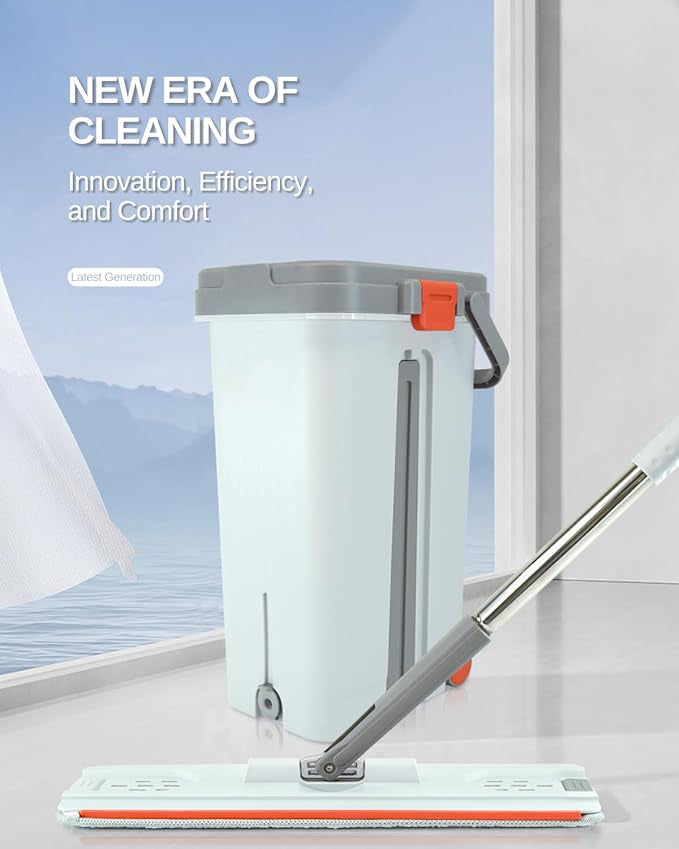 Mop & Bucket Set with Wheel - 360 Magic Squeeze Mops, 6 Counts Durable Microfiber Fabric, New PP & ABS Materials, Plastic household item Mop Refills Set wall cleaning Stainless Steel Self-Drying Rectangle