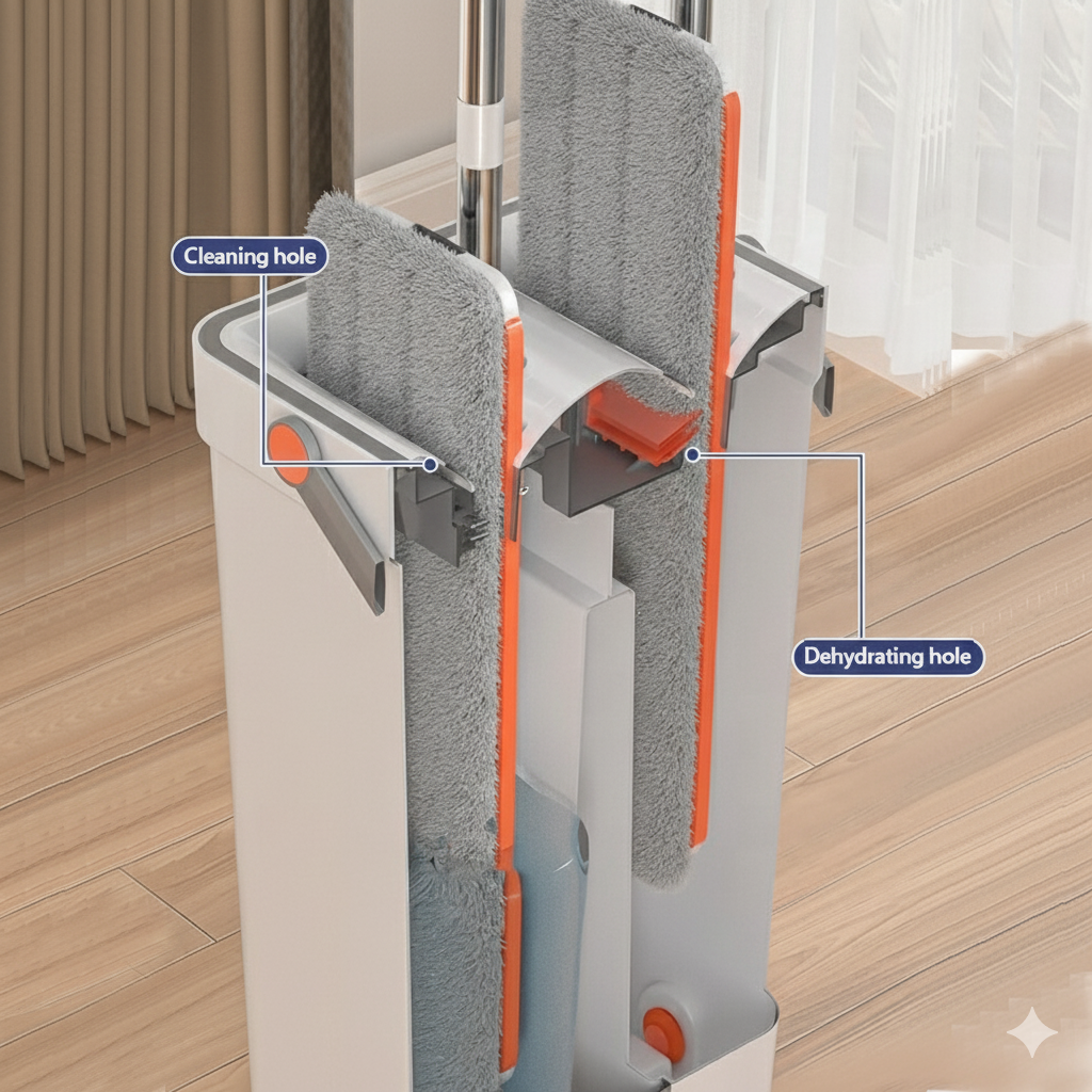 Self-Cleaning Flat Mop & Bucket System – Hands-Free Wash & Dry, Easy-Move Wheels, 6 Reusable Pads