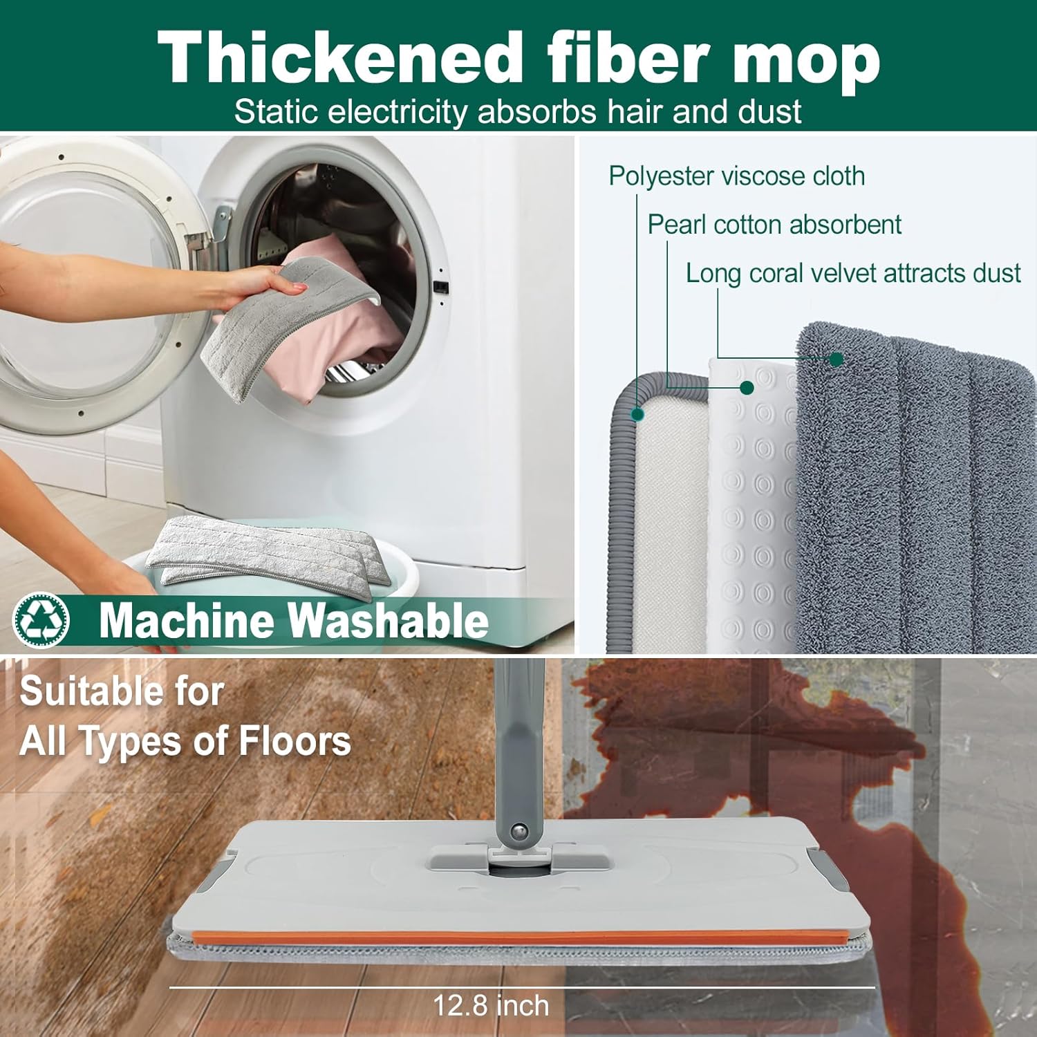 Magic Mop Pro Self-Wringing Flat Mop with Bucket - 360° Rotation, Eco-Friendly Microfiber Mop Pads, Sliding Type, 70-80% Dehydration Rate Absorbent Smooth Stainless Tool