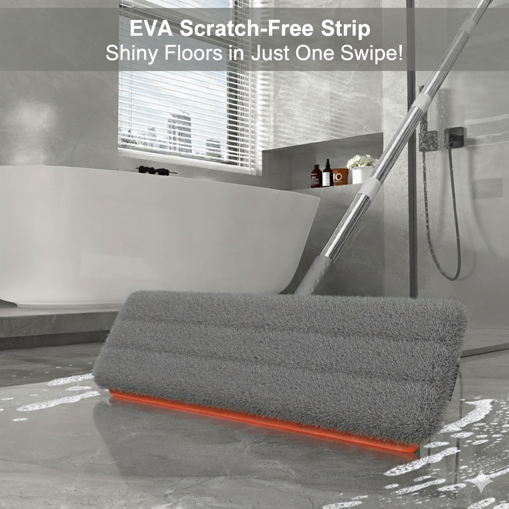 Self-Cleaning Flat Mop & Bucket System – Hands-Free Wash & Dry, Easy-Move Wheels, 6 Reusable Pads