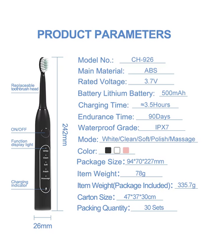 Sonic Electric Toothbrush for Adults – 5 Cleaning Modes, 8 Brush Heads, USB Rechargeable, Travel Case Included & 2 Hours Charge for 90 Days - Lightweight Cordless Sensitive Water Proof Cleansing Black Oral
