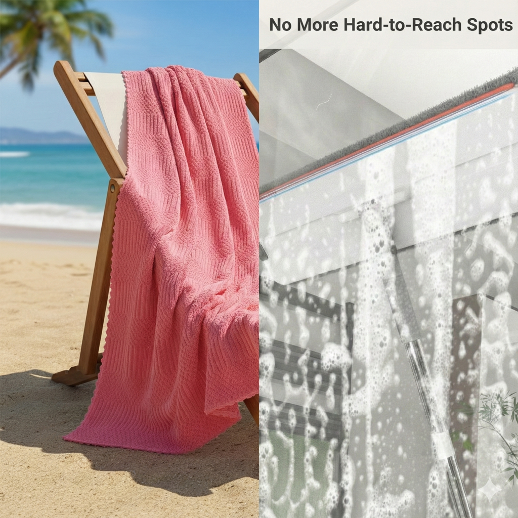 Combo Deal - Home Essentials Combo Set - Flat Mop & Bucket System with 6 Pads & Ultra-Soft 70x140cm & 75x35cm Coral Fleece Bath Towel Bundle for Efficient Cleaning and Personal Care  Microfiber Hand Light