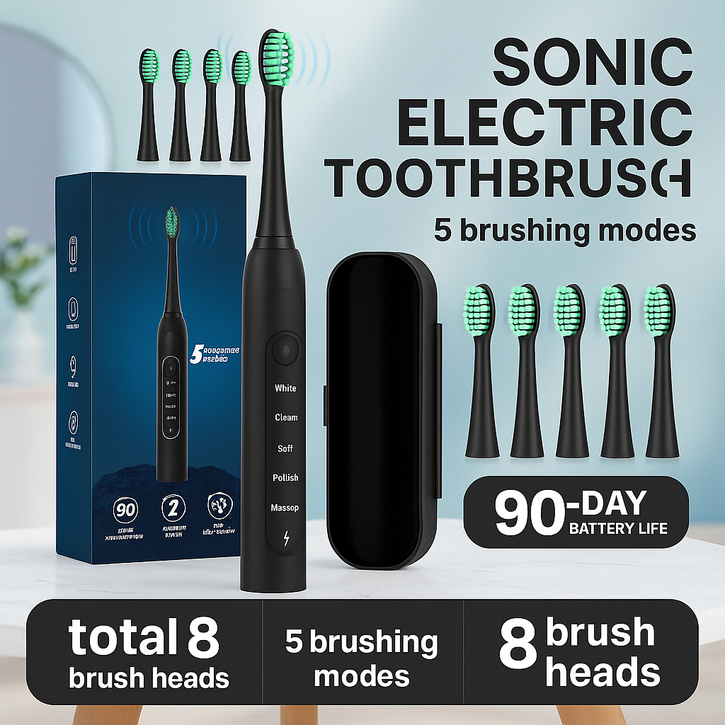 Sonic Electric Toothbrush for Adults – 5 Cleaning Modes, 8 Brush Heads, USB Rechargeable, Travel Case Included & 2 Hours Charge for 90 Days - Lightweight Cordless Sensitive Water Proof Cleansing Black Oral