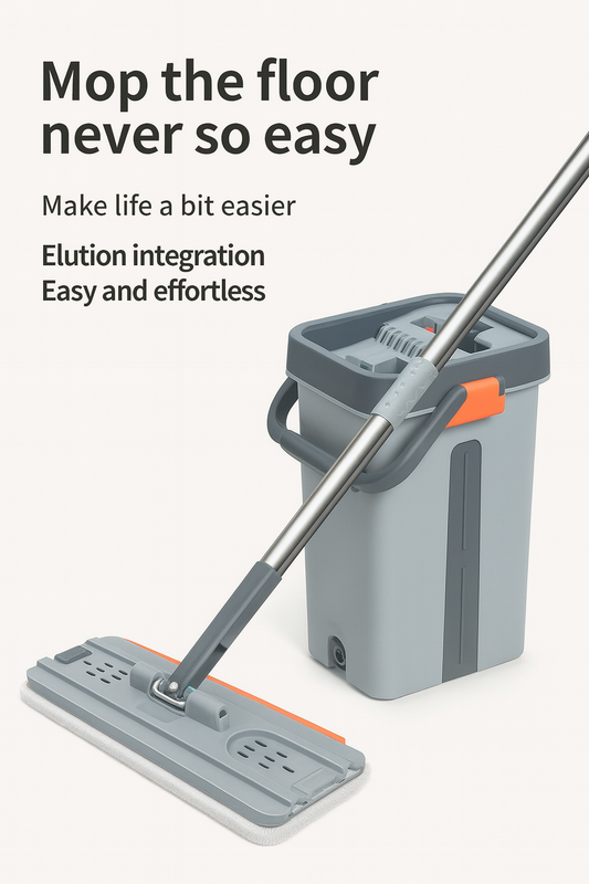 Self-Cleaning Flat Mop & Bucket System – Hands-Free Wash & Dry, Easy-Move Wheels, 6 Reusable Pads
