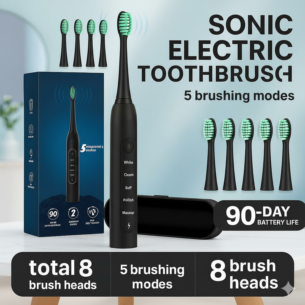 Rechargeable Sonic Electric Toothbrush for Adults – 8 Replacement Heads & 5 Modes