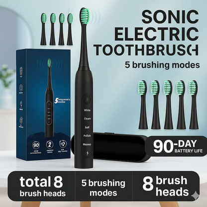 Rechargeable Sonic Electric Toothbrush for Adults – 8 Replacement Heads & 5 Modes