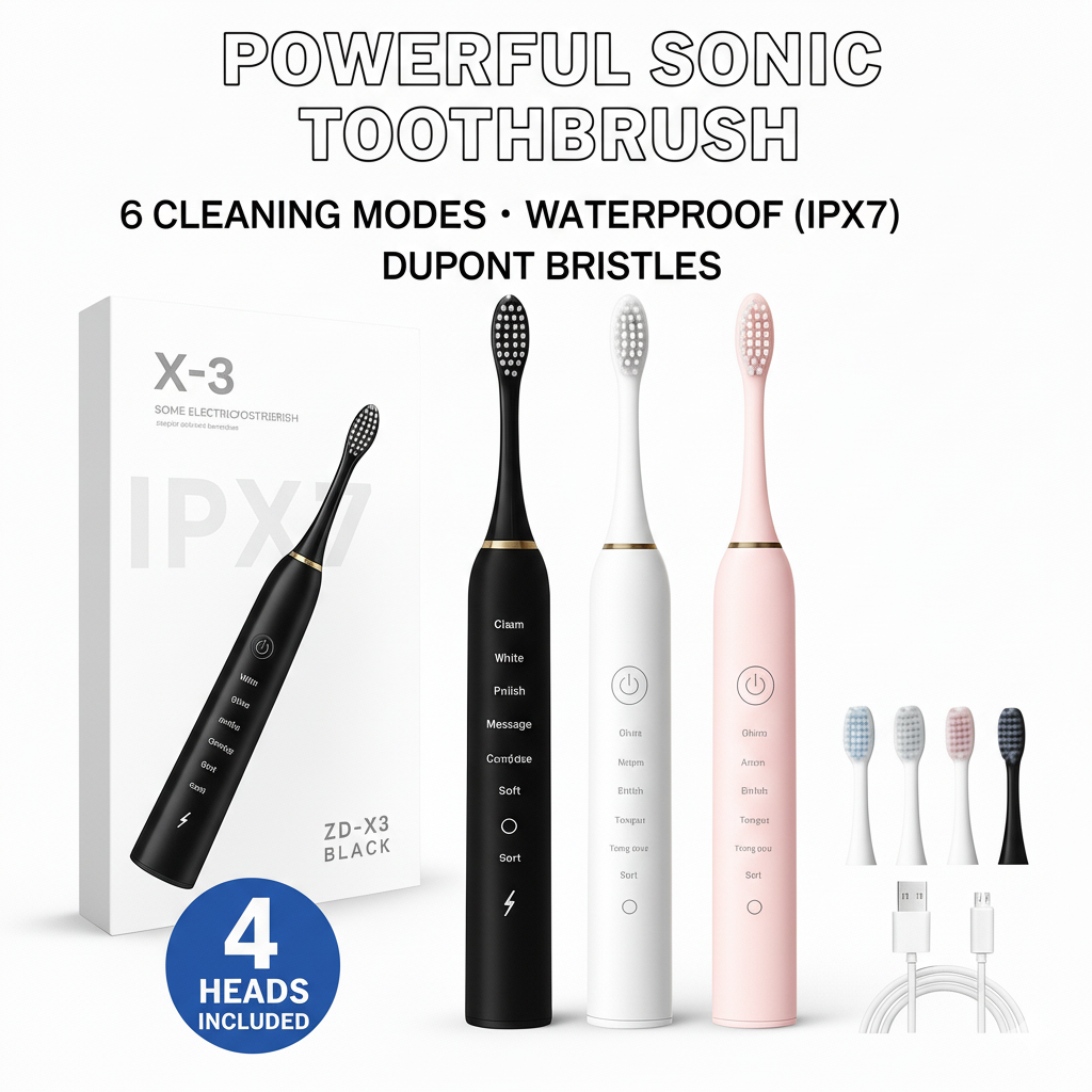 Sonic Electric Toothbrush X-3 – 6 Cleaning Modes | IPX7 Waterproof | DuPont Bristles | 4 Brush Heads Included