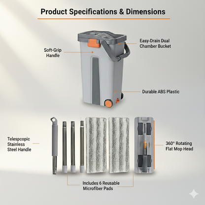 Self-Cleaning Flat Mop with Bucket – 15" Large Floor Mop, 6 Reusable Pads, Easy Move Wheels