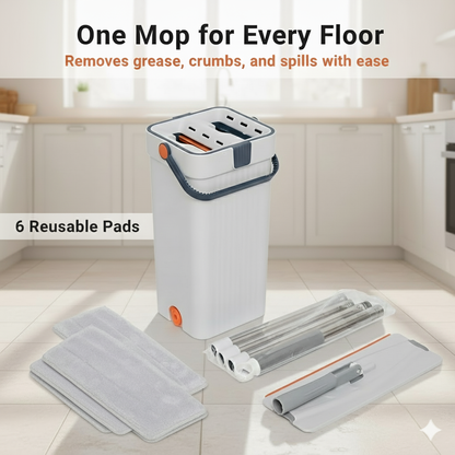 Self-Cleaning Flat Mop & Bucket System – Hands-Free Wash & Dry, Easy-Move Wheels, 6 Reusable Pads