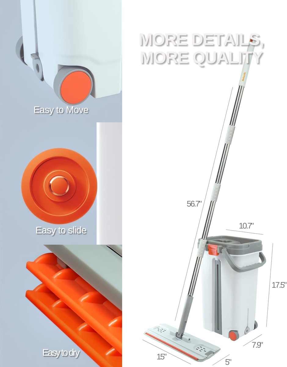 Mop & Bucket Set with Wheel - 360 Magic Squeeze Mops, 6 Counts Durable Microfiber Fabric, New PP & ABS Materials, Plastic household item Mop Refills Set wall cleaning Stainless Steel Self-Drying Rectangle