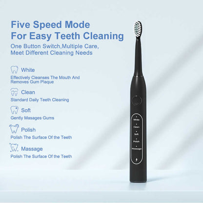 Sonic Electric Toothbrush for Adults – 5 Cleaning Modes, 8 Brush Heads, USB Rechargeable, Travel Case Included & 2 Hours Charge for 90 Days - Lightweight Cordless Sensitive Water Proof Cleansing Black Oral